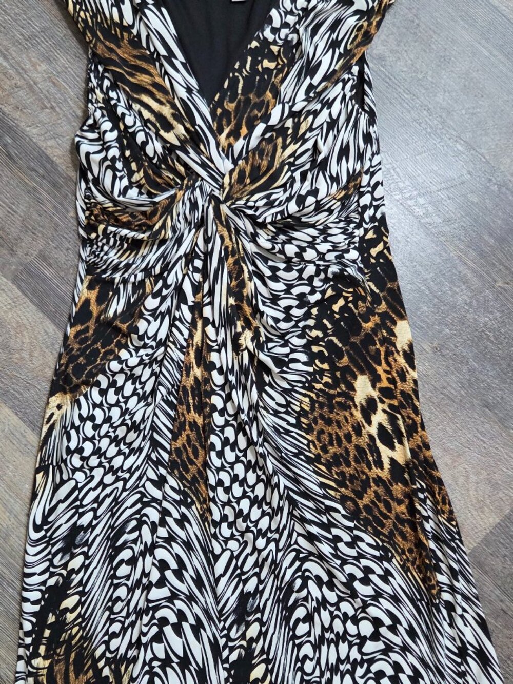 Chico's Animal Print Stretch Scrunch Dress Sz 2 (12/Lg) Sleeveless Midi